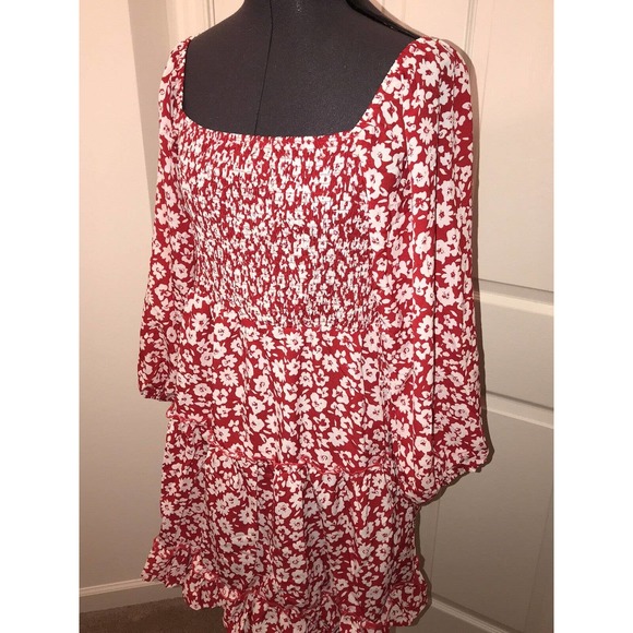Women’s Red & White Floral Dress, LARGE, Smocked, Tiered Sheer - Picture 8 of 14